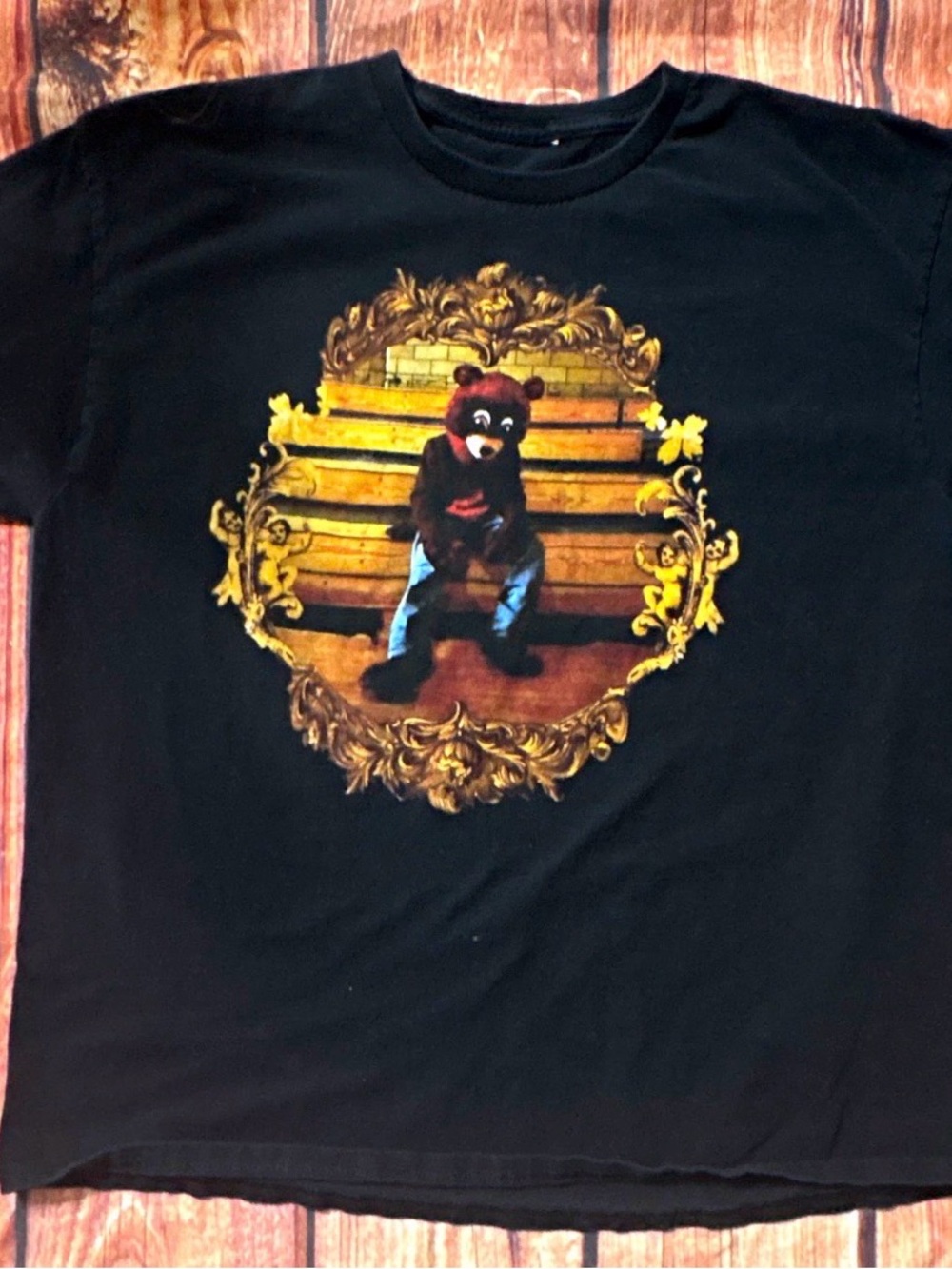 Mens Black Graphic Tee with Vintage Bear Artwork Kanye West